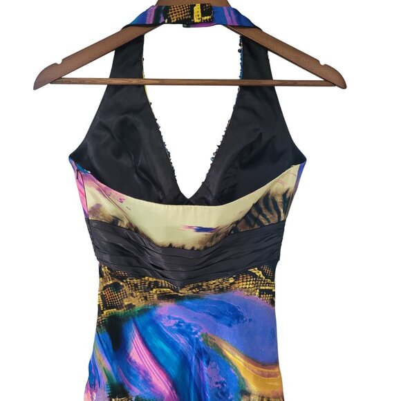 La Femme Paris Abstract Print Silk Halter Gown Beaded Neckline Womens Size 2 - Picture 9 of 10